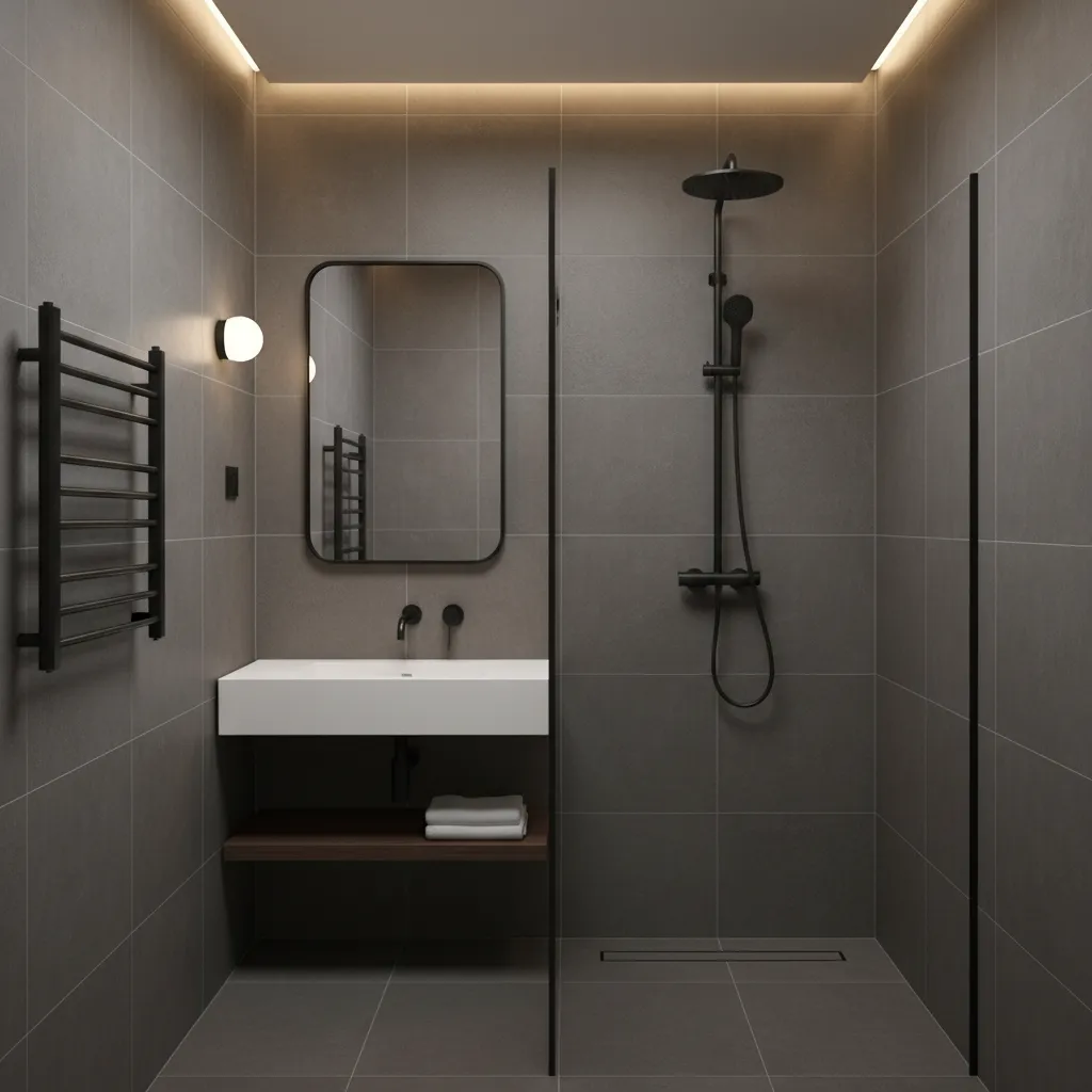 Dark grey bathroom design with white sink black mirror wall light and black shower head