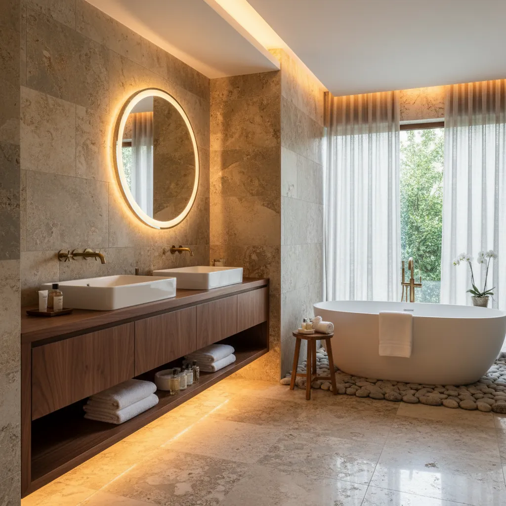Luxury bathroom featuring stone walls round lighted mirror wooden cabinet white bathtub and window curtains