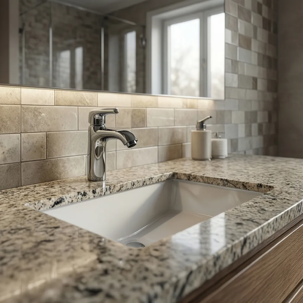 Detalle de materiales de baño porcelánico grifería moderna y encimera