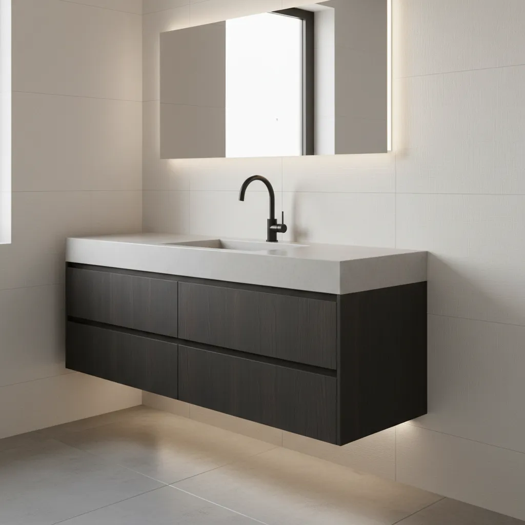 Dark wooden bathroom cabinet with light countertop, black faucet, and rectangular lighted mirror on wall