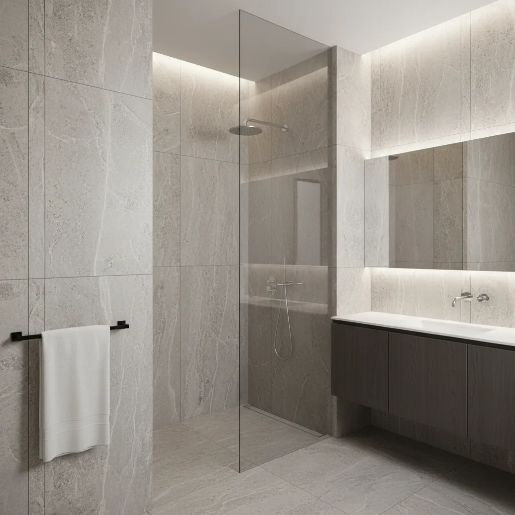 Simple grey stone bathroom with glass shower wall, dark wood cabinet, and large lighted mirror