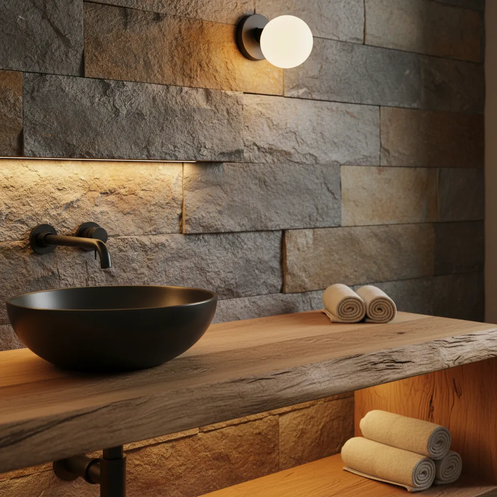 Detalle de materiales naturales en baño rural