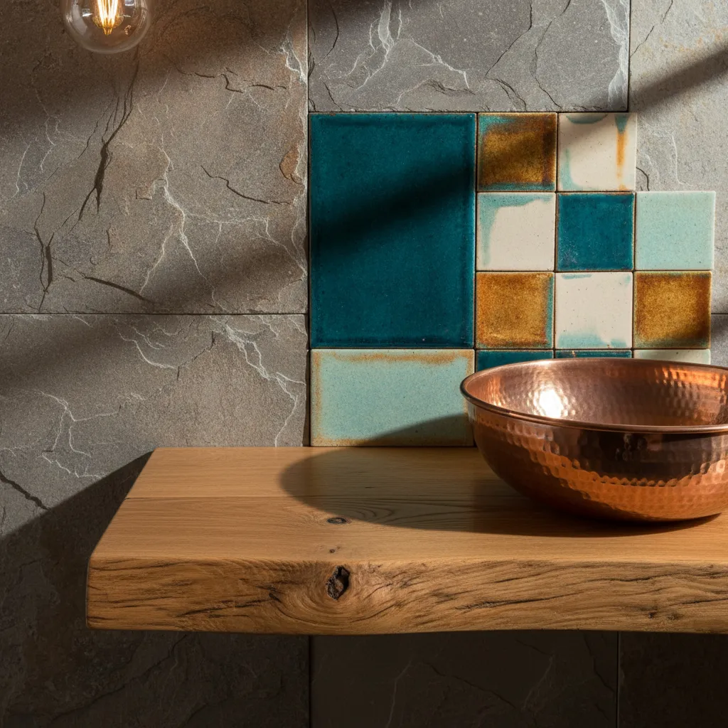 Copper bowl on wooden shelf with colorful wall tiles next to a grey stone wall