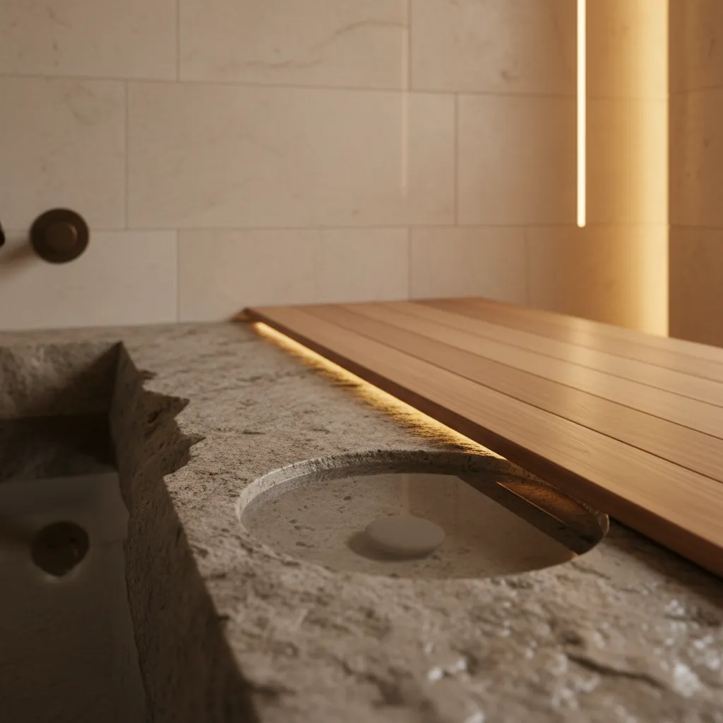 Detalle de materiales como piedra y madera en baño estilo spa