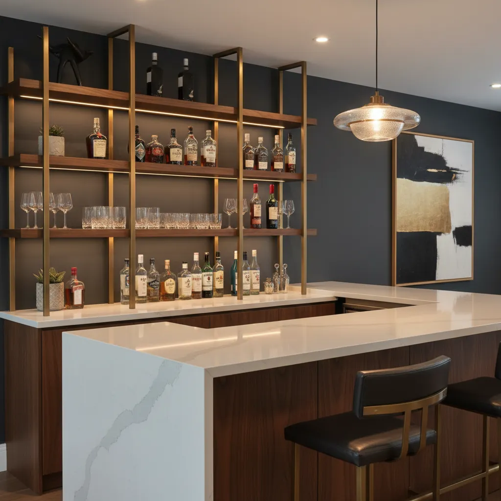 Encimera de cuarzo con estanterías de madera y detalles metálicos en un bar doméstico