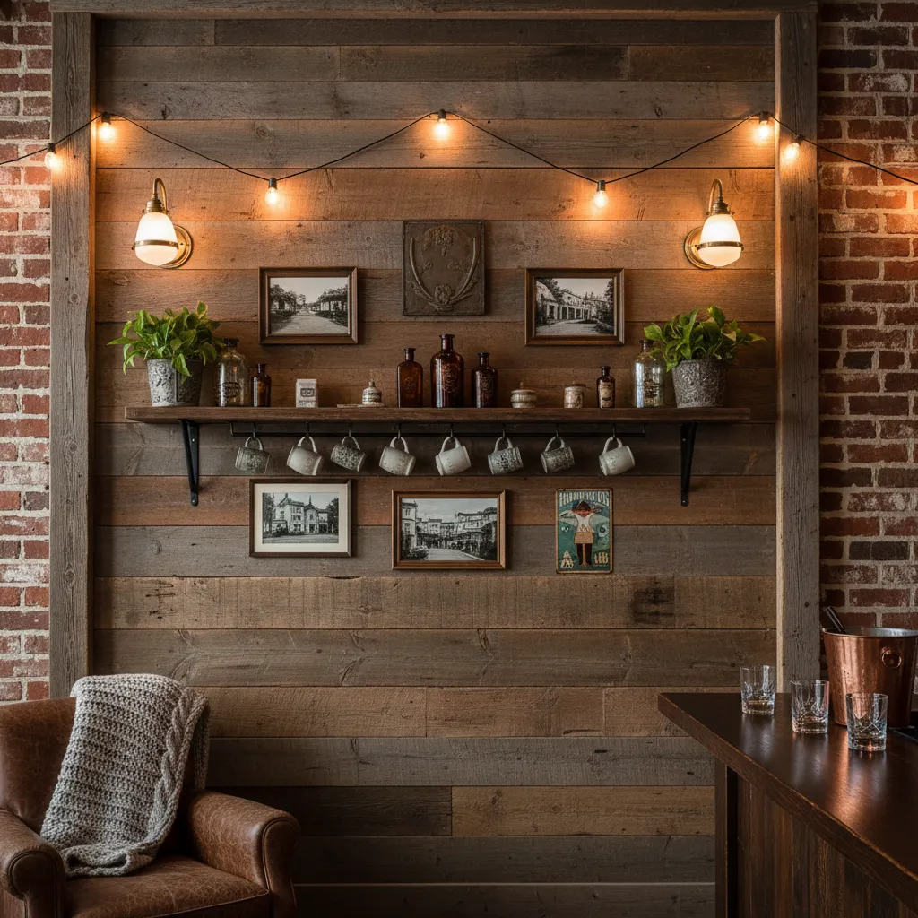 Detalle de materiales rústicos en un bar con madera envejecida y ladrillo visto