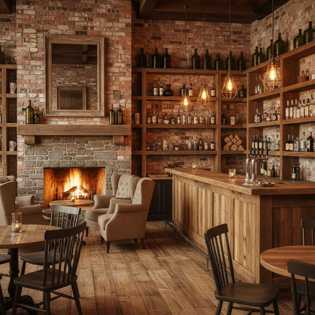 Rustic bar area with brick walls stone fireplace wooden shelves and several hanging ceiling lights