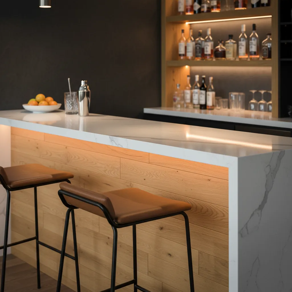 Detalle de encimera de cuarzo y madera en barra de bar doméstica