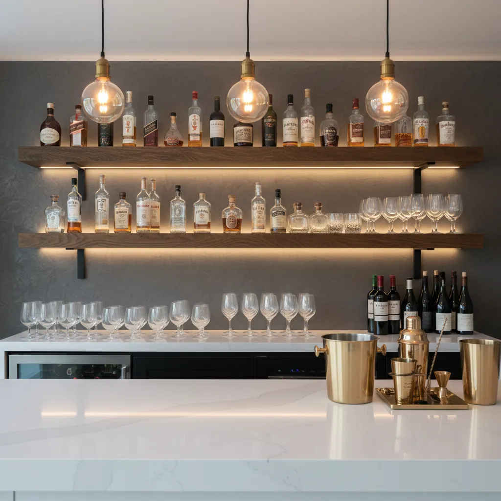 Encimera de cuarzo y estanterías con botellas en barra doméstica