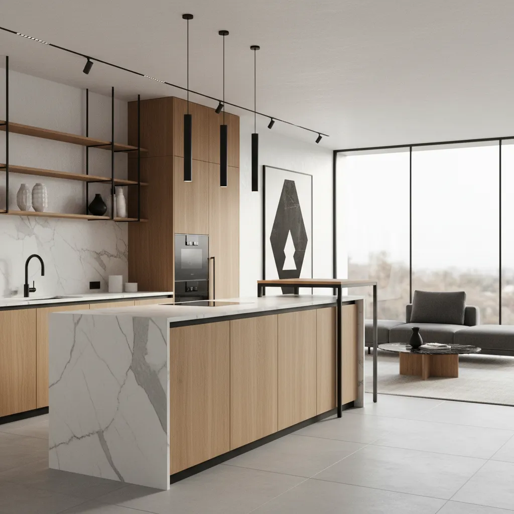 Combinación de blanco negro y madera en diseño interior