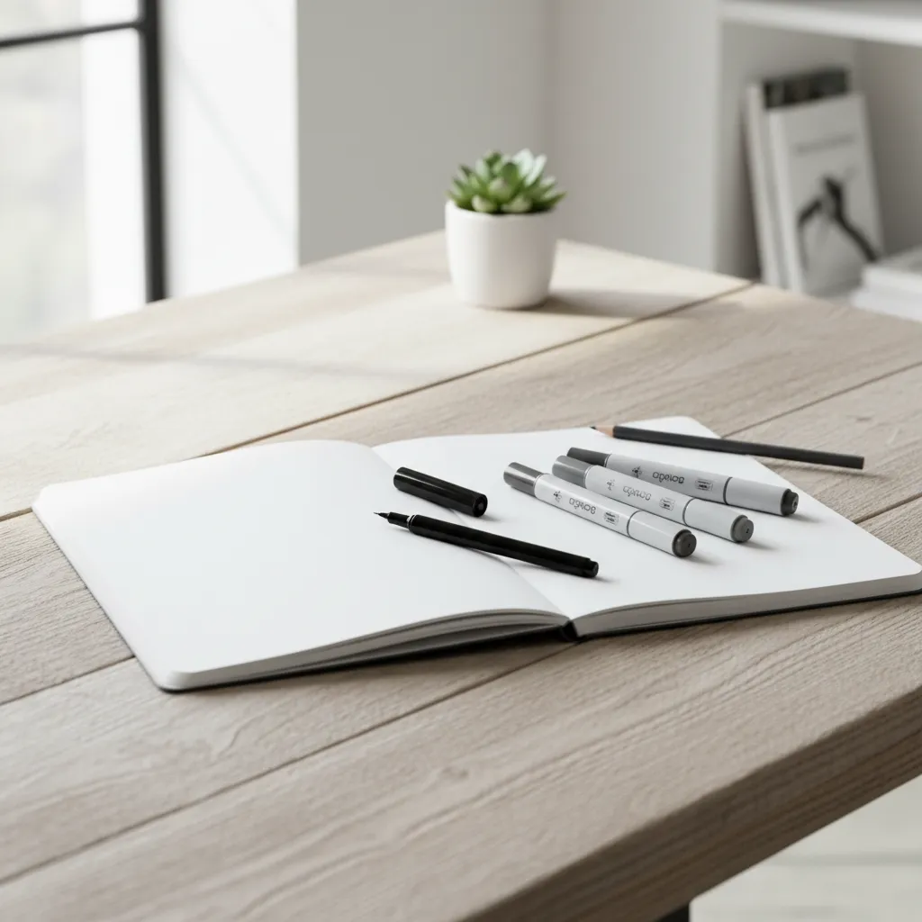 Herramientas básicas para bocetar interiores como rotuladores y cuaderno