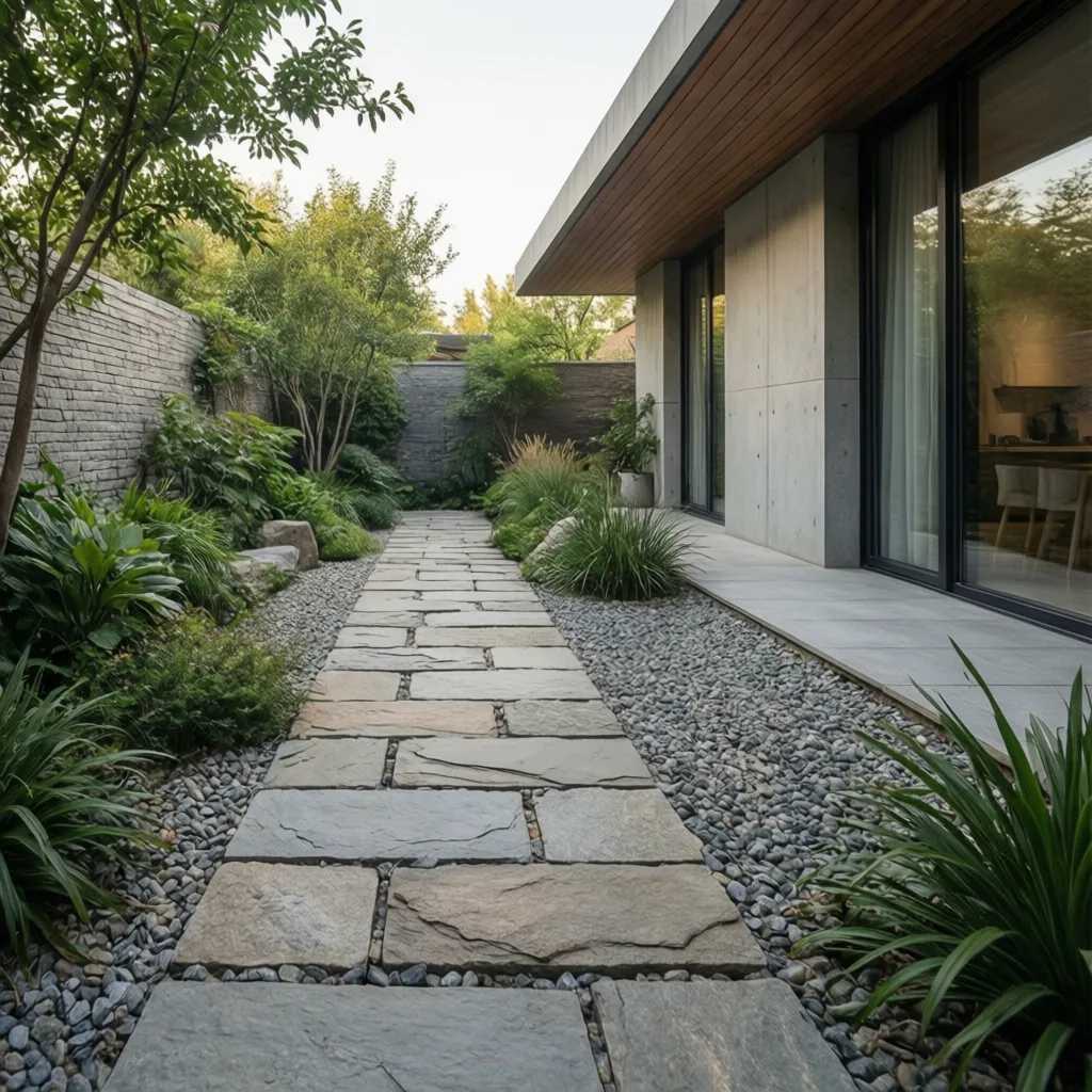 Stone path in backyard garden with grey pebbles and green plants next to modern house