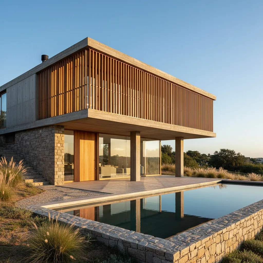 Casa construida con hormigón, madera y piedra natural