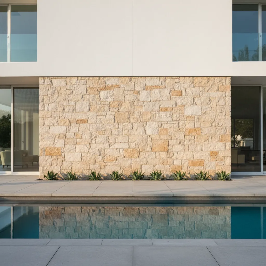 Detalle de materiales piedra clara y fachada blanca junto a piscina