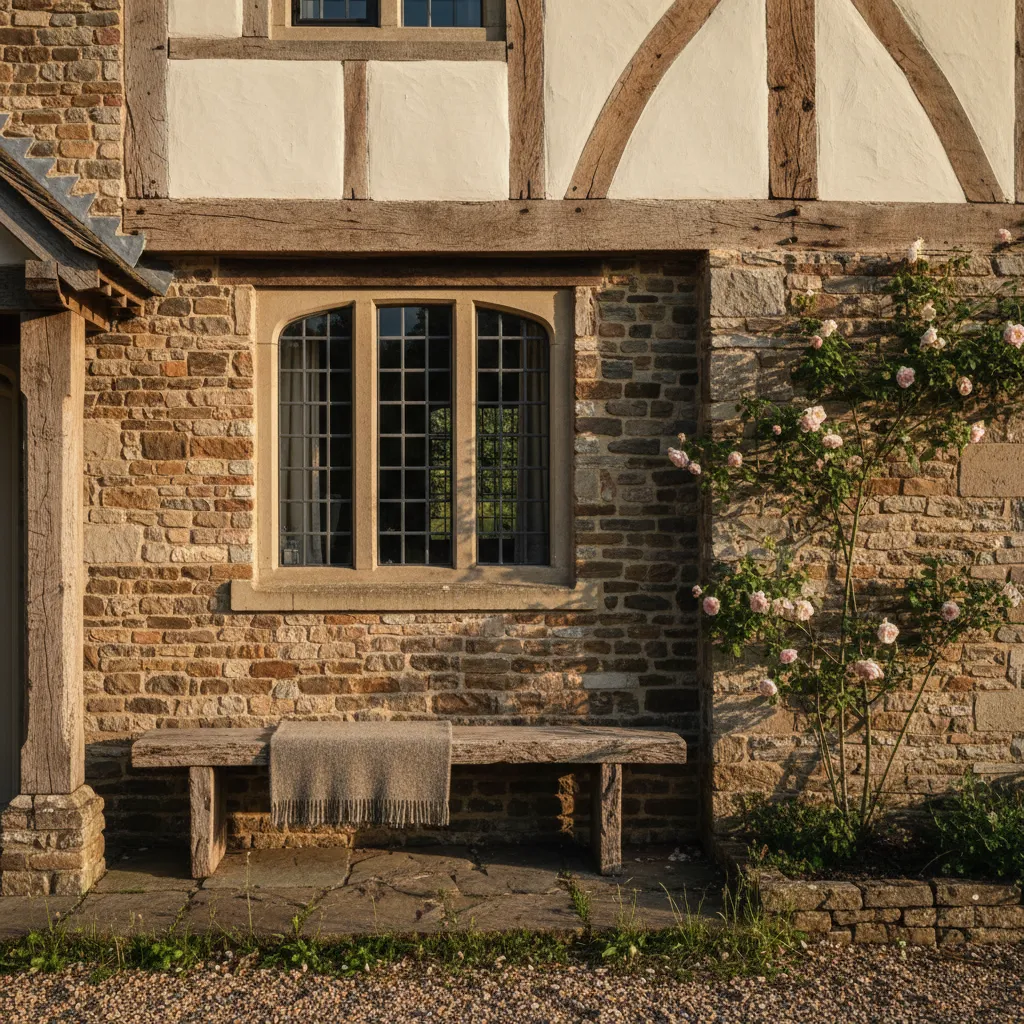 Rustic stone wall with wooden bench and small window next to a climbing pink rose bush