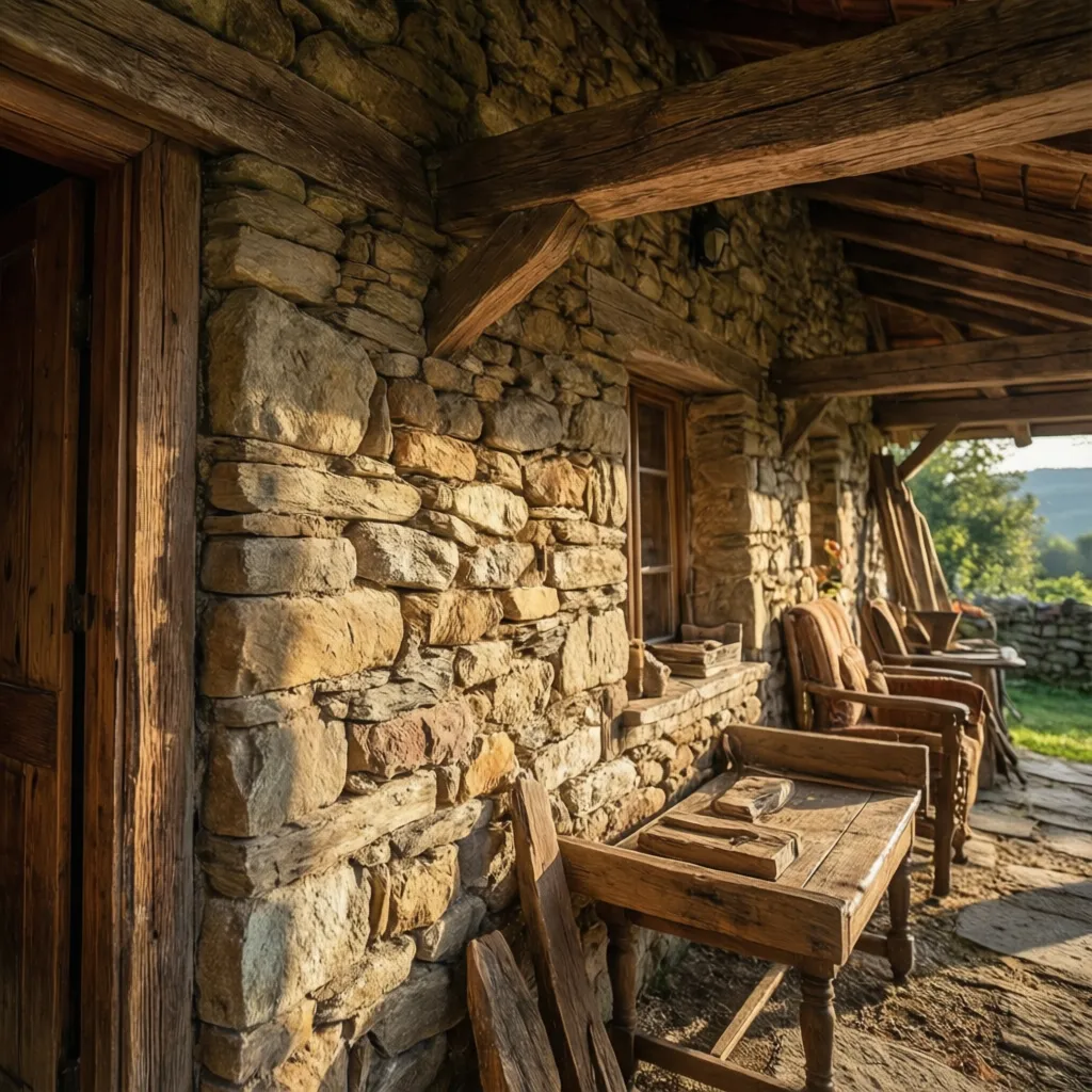 Detalle de materiales naturales en una casa de campo