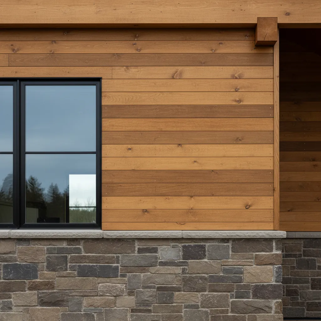 Detalle de fachada con madera y piedra en una casa estilo canadiense