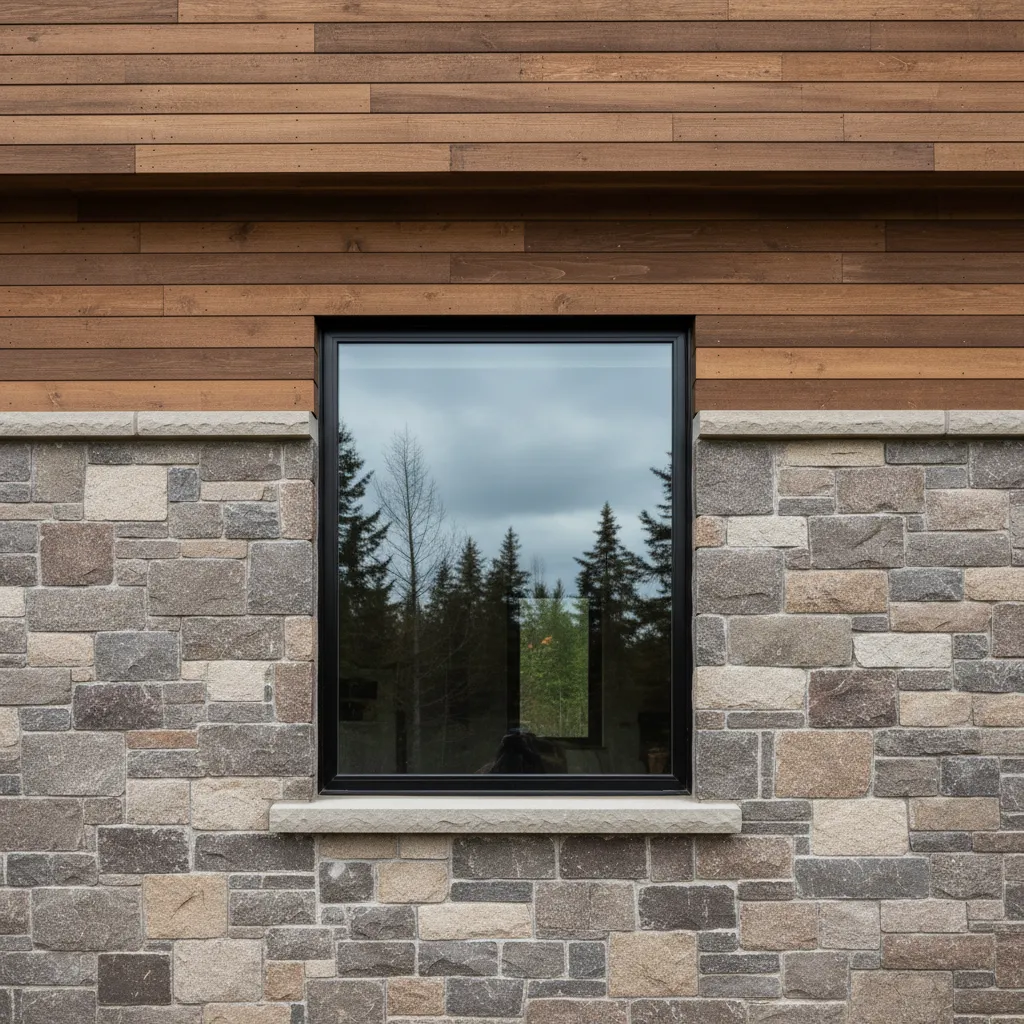 Exterior wall with grey stone panels wood siding and a black window reflecting pine trees