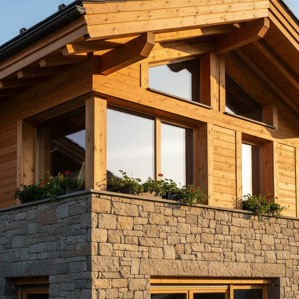 Fachada de chalet con madera y piedra natural