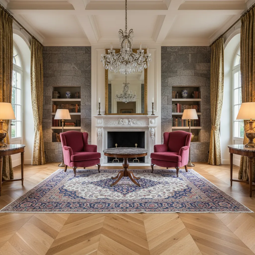 Elegant living room featuring stone walls fireplace two red chairs ceiling light and patterned rug