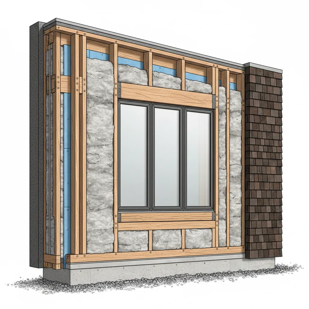 Interior design drawing showing wall layers wood frame and glass windows for a warm house