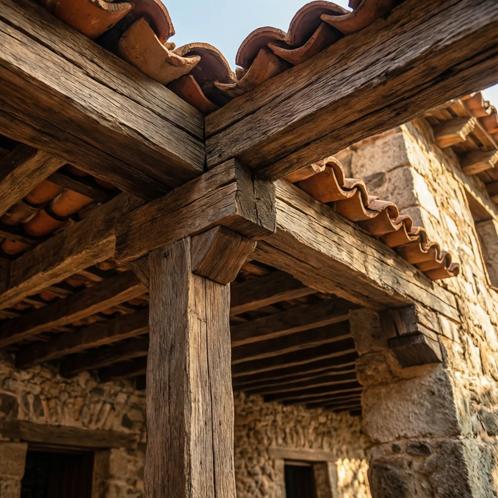 Materiales tradicionales de casa colonial como madera piedra y terracota
