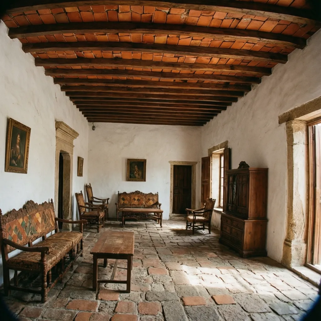 Materiales tradicionales de arquitectura colonial como teja, madera y estuco