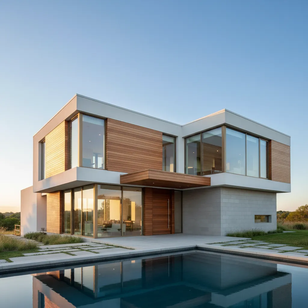 Casa cúbica con combinación de hormigón, madera y vidrio