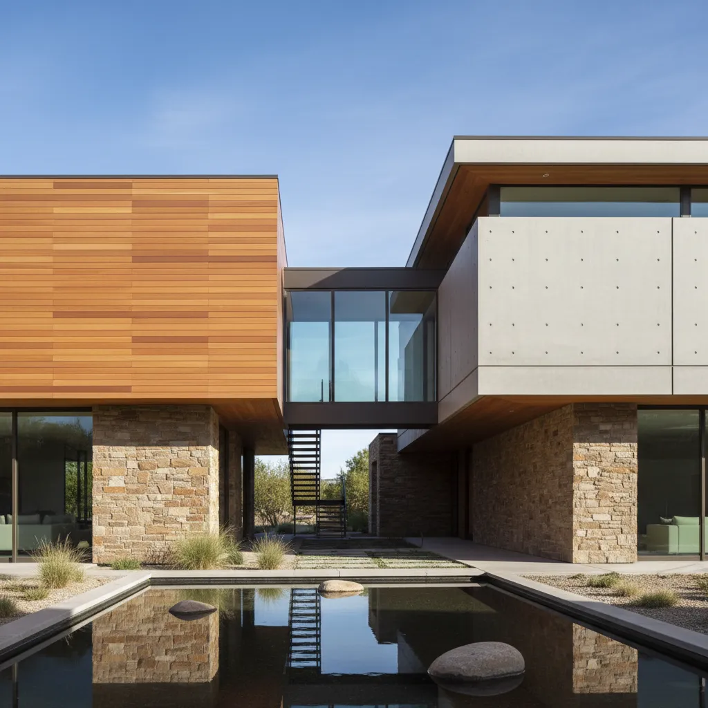 Exterior de vivienda moderna con materiales mixtos