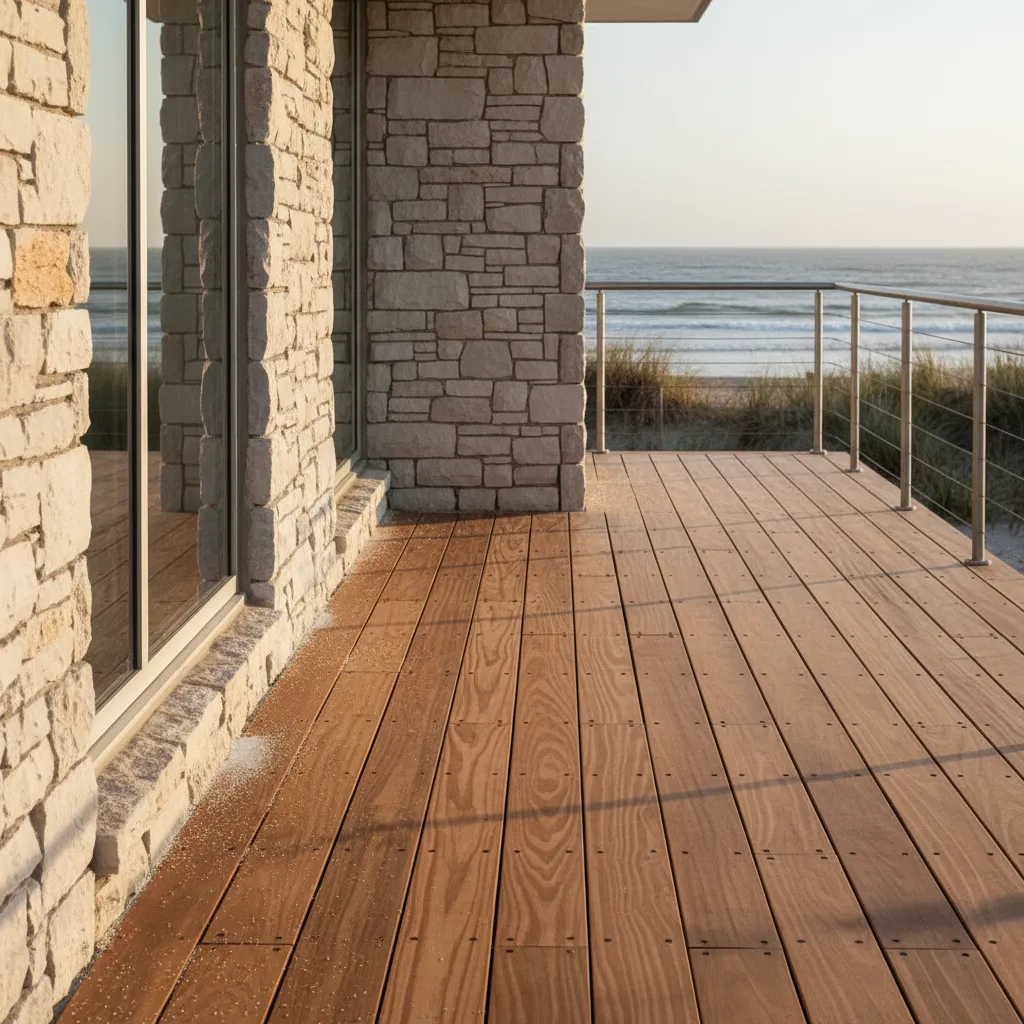 Detalle de materiales resistentes para casa frente al mar como madera y piedra