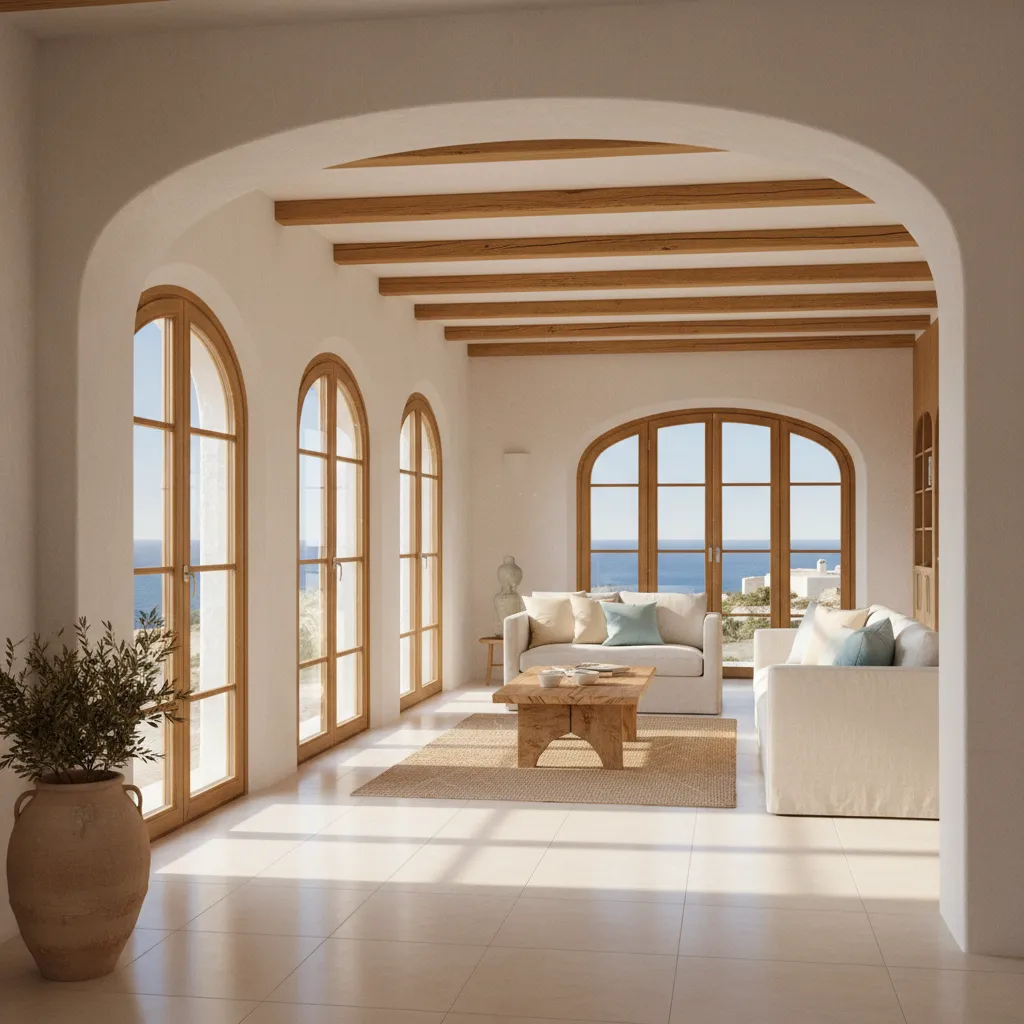 Interior de casa mediterránea con suelo claro y materiales naturales