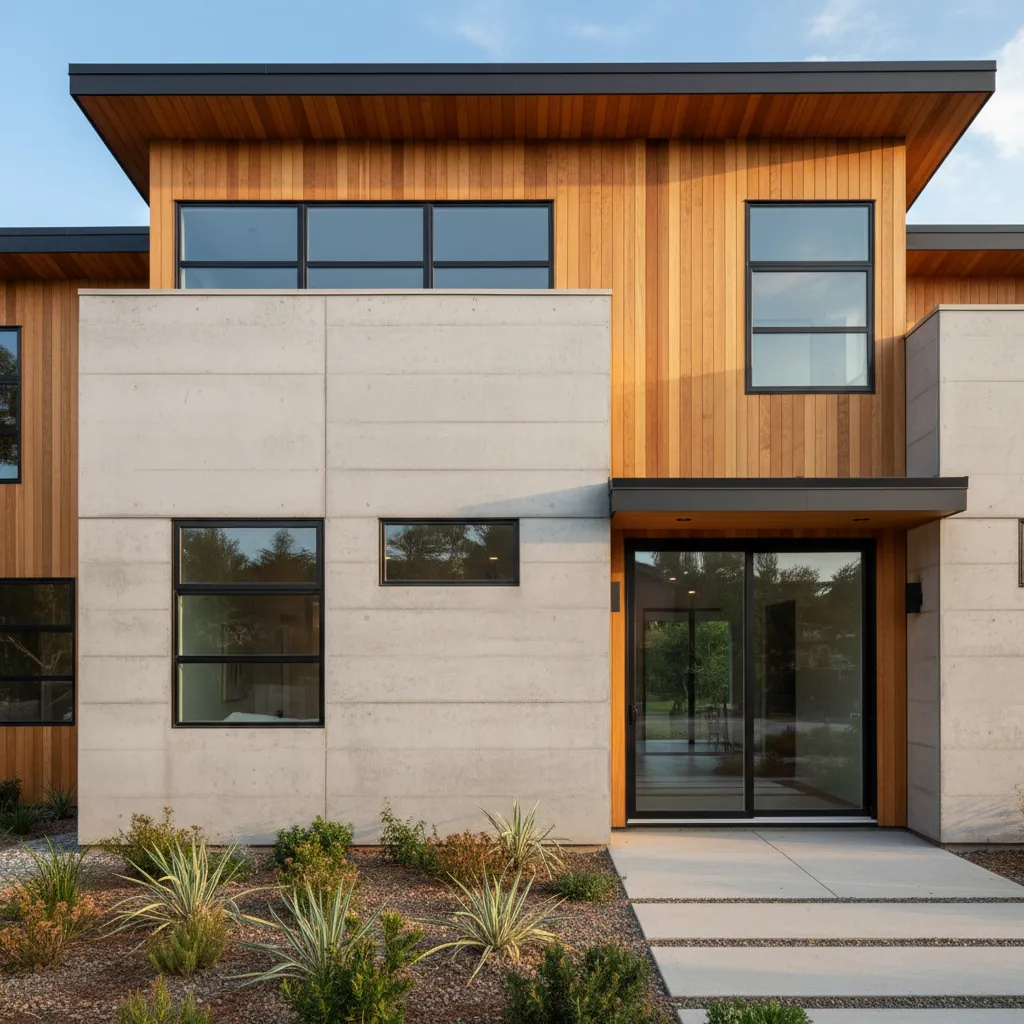 Fachada moderna con hormigón, madera y ventanas grandes
