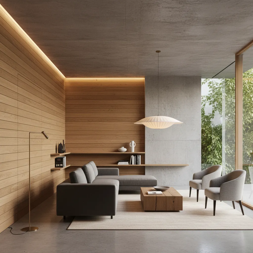 Modern living room with wood wall panels grey sofa two armchairs and round ceiling light