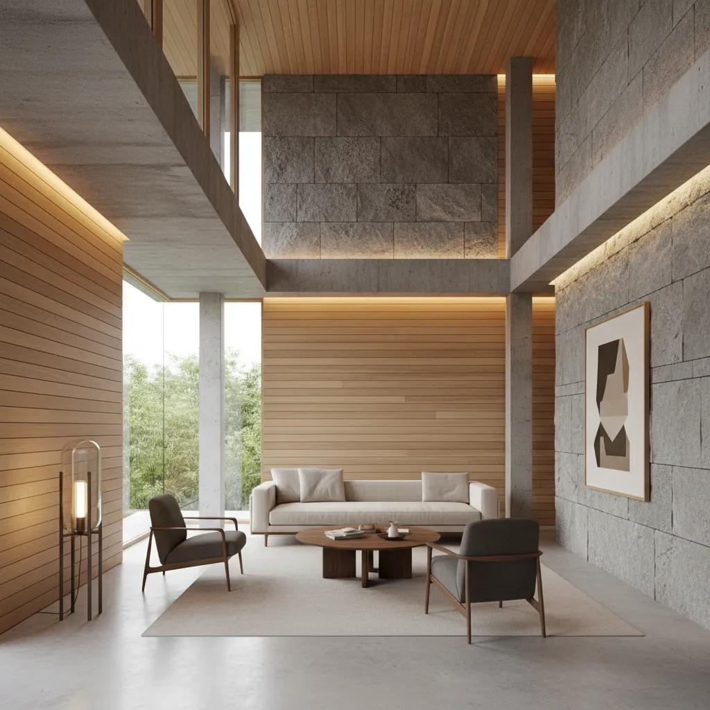 Interior moderno con madera natural, piedra y diseño minimalista