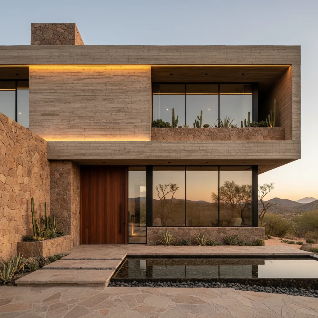 Fachada moderna con concreto aparente y piedra natural