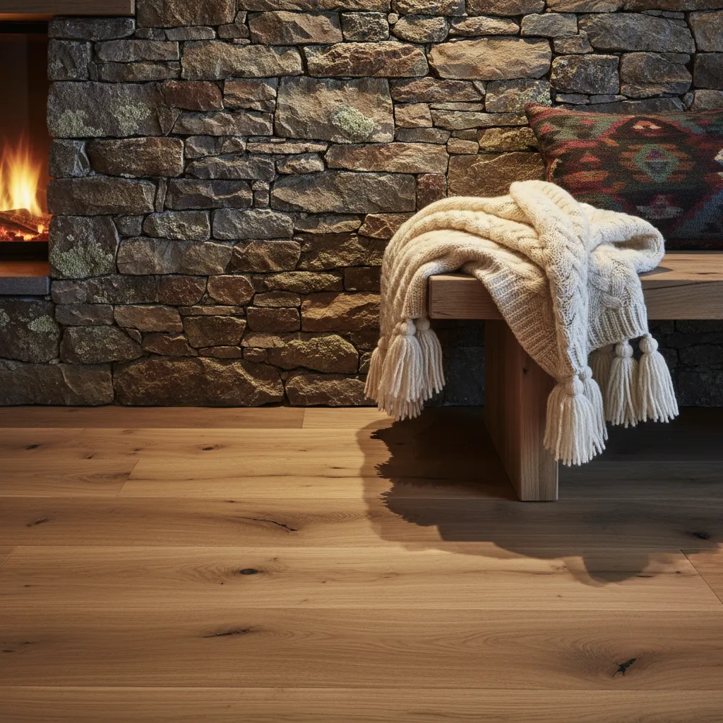 Detalle de materiales naturales madera y piedra en interior de chalet