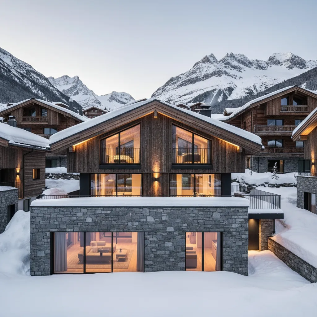 Fachada de casa moderna en montaña con piedra natural y madera