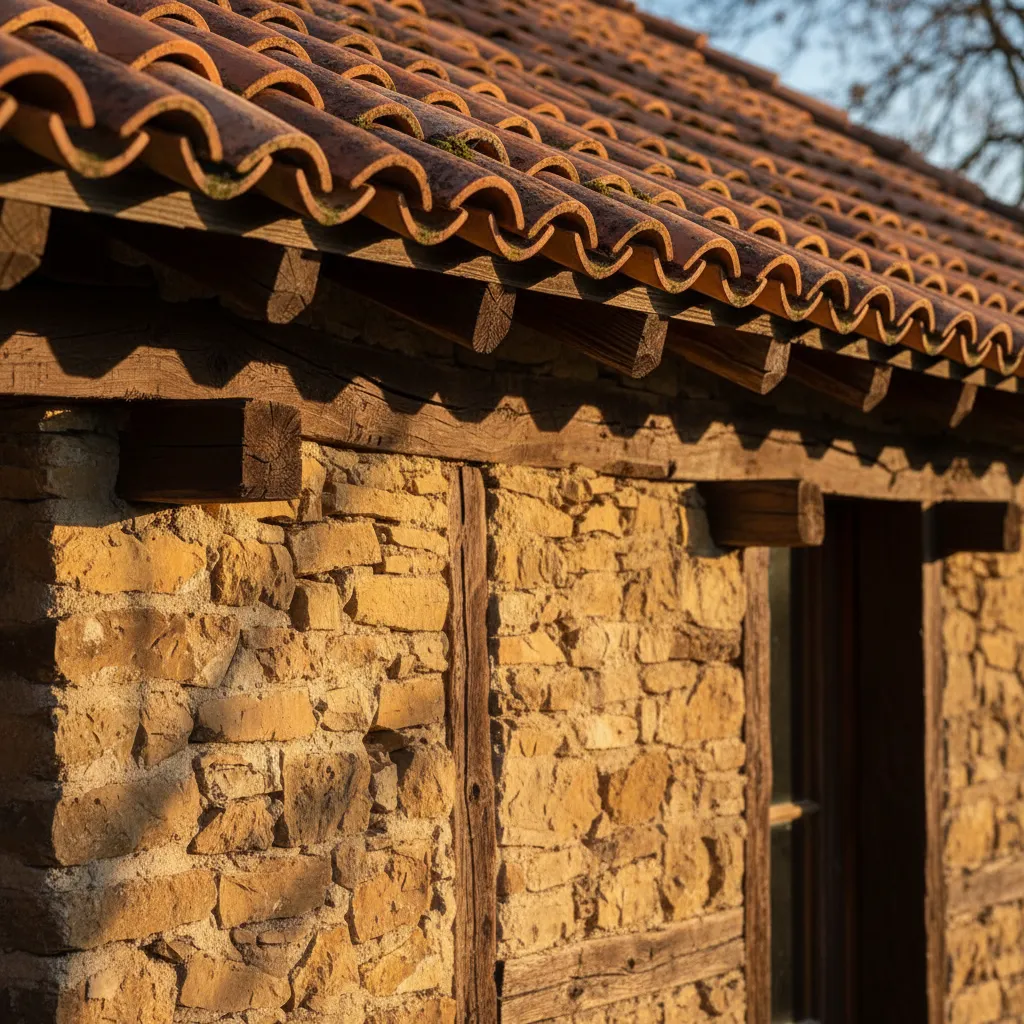 Detalle de materiales naturales en una casa rural como piedra y madera