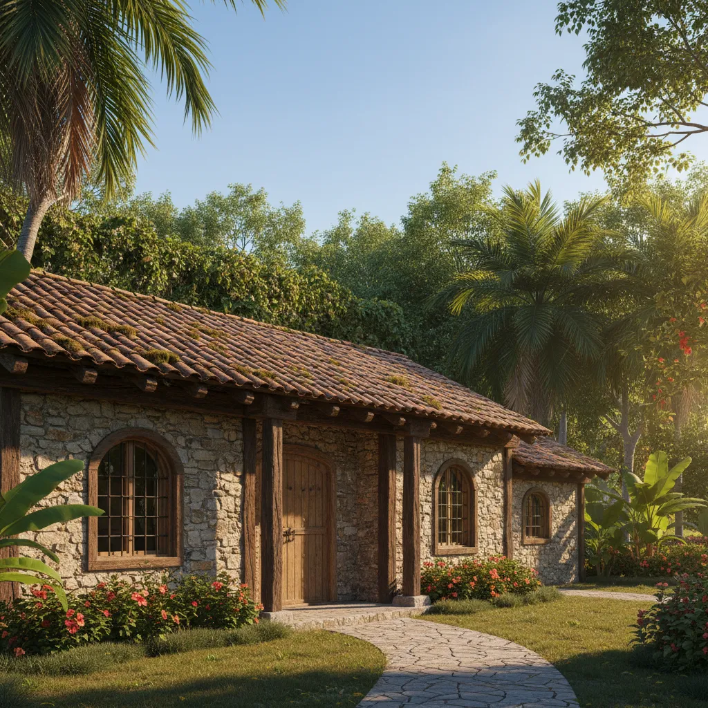 Casa rural con paredes de piedra, madera y techo de teja