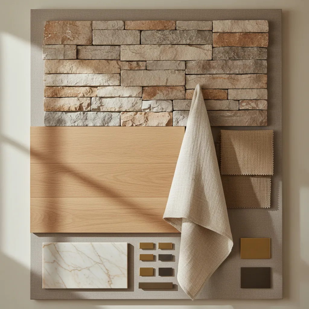 Detalle de materiales naturales en interior rural moderno