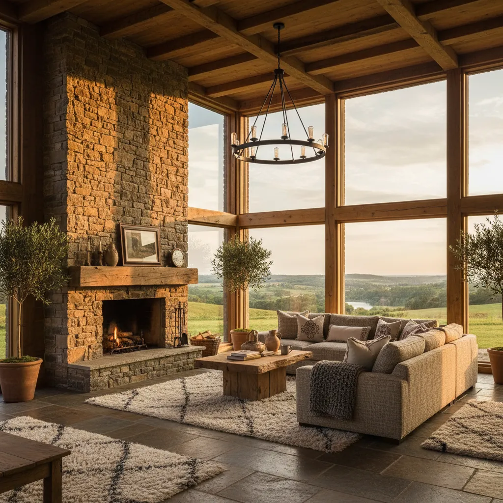 Interior de casa de campo con madera, piedra y grandes ventanas