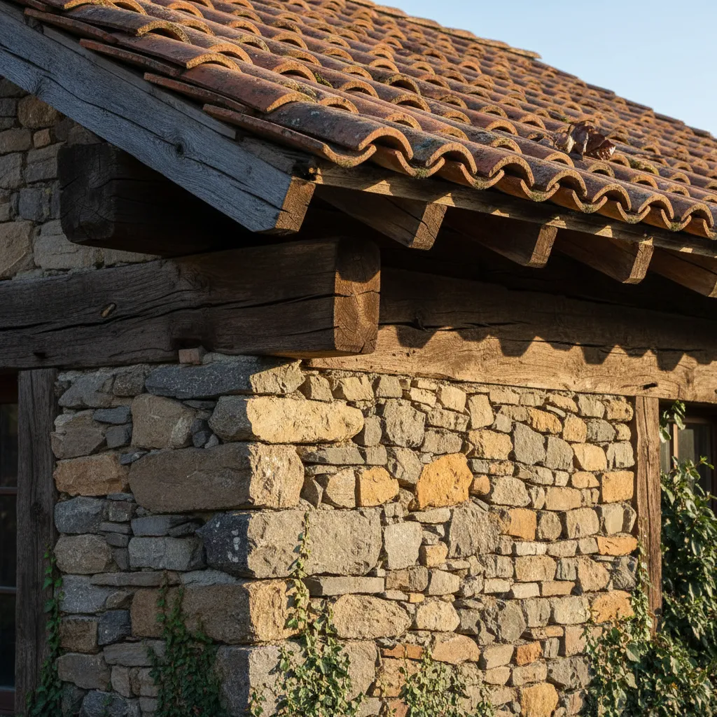 Detalle de materiales tradicionales en casa rural con piedra y madera