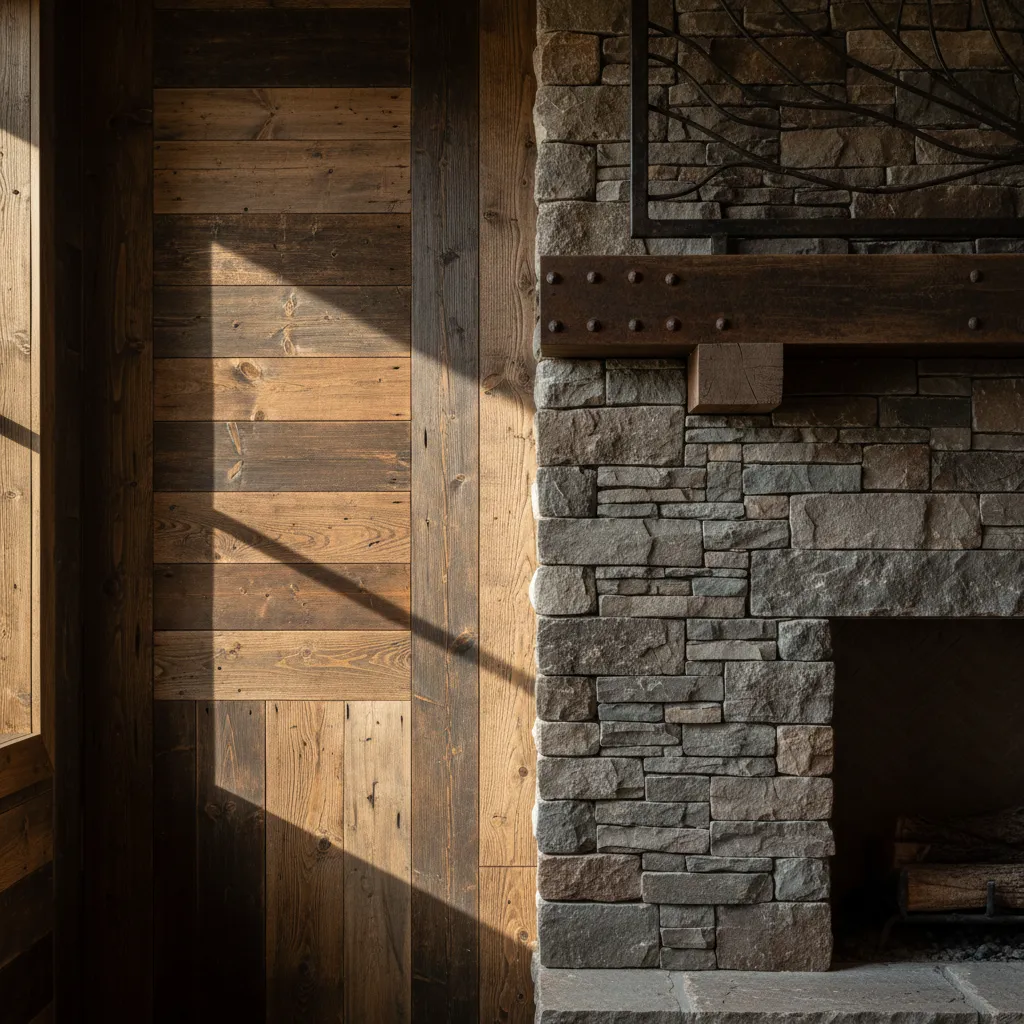 Rustic stone fireplace paired with wood panel walls featuring natural sunlight shadows in cozy cabin