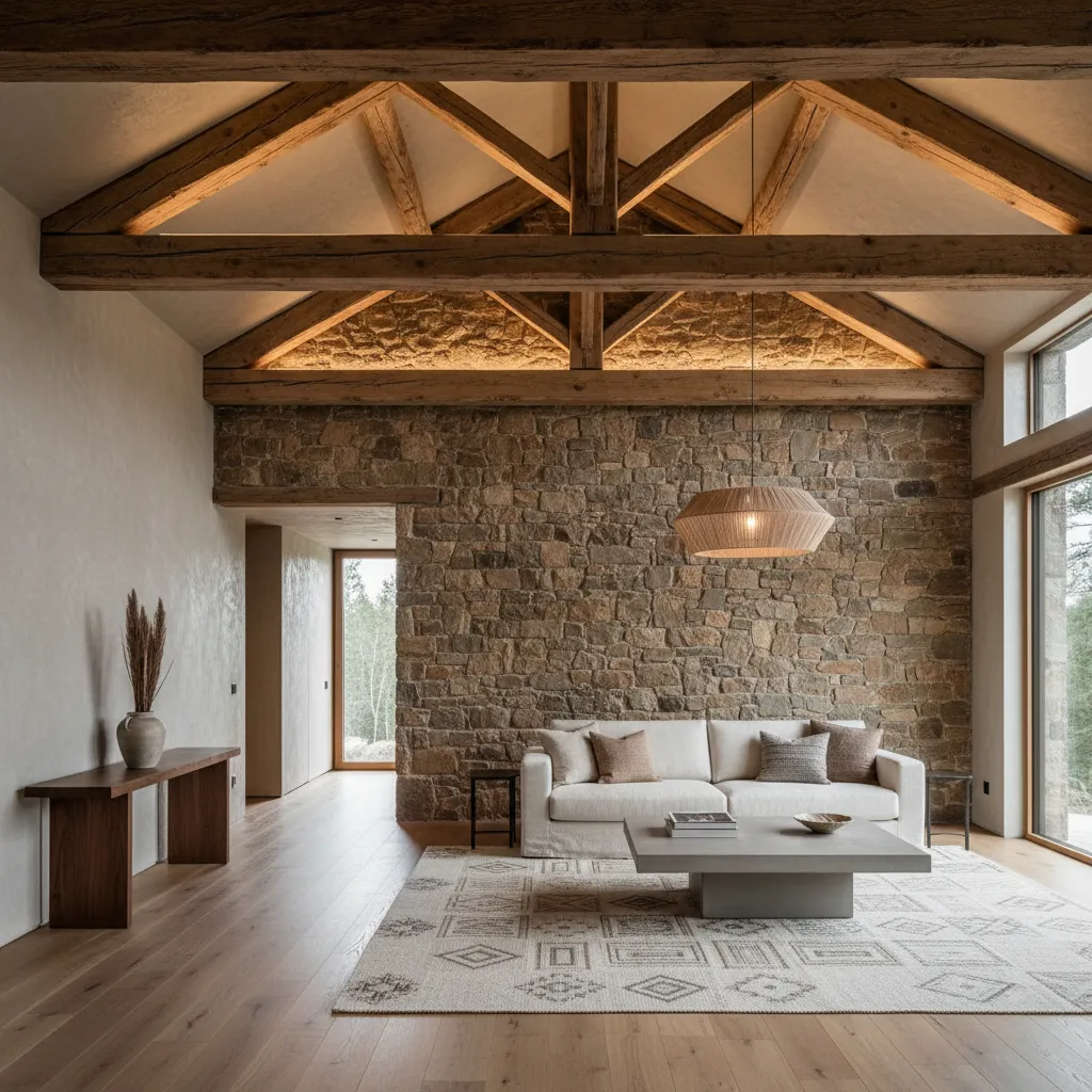 Combinación de materiales rústicos madera y piedra en interior moderno