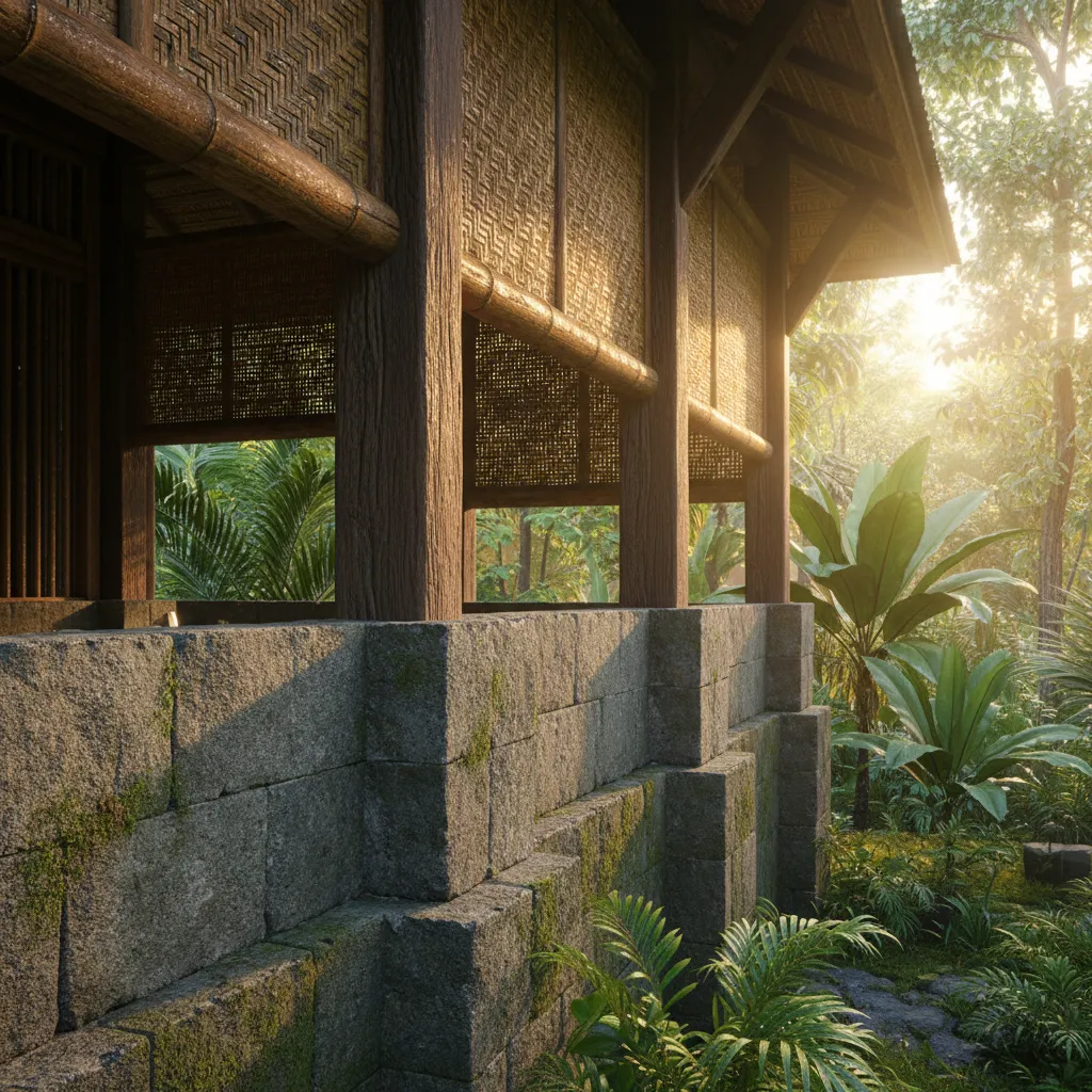 Detalle de materiales naturales en casa tropical de madera y piedra