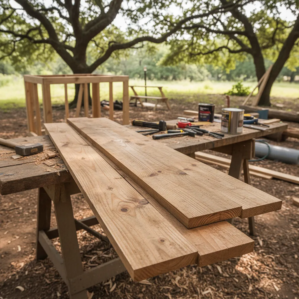 Wood planks and tools on outdoor workbench for building a wooden dog house in yard