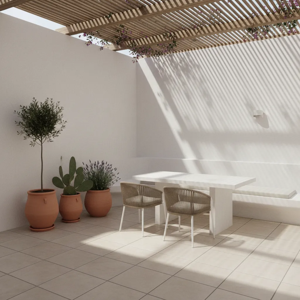 Minimalist white patio featuring wooden roof over large dining table with two chairs and plants