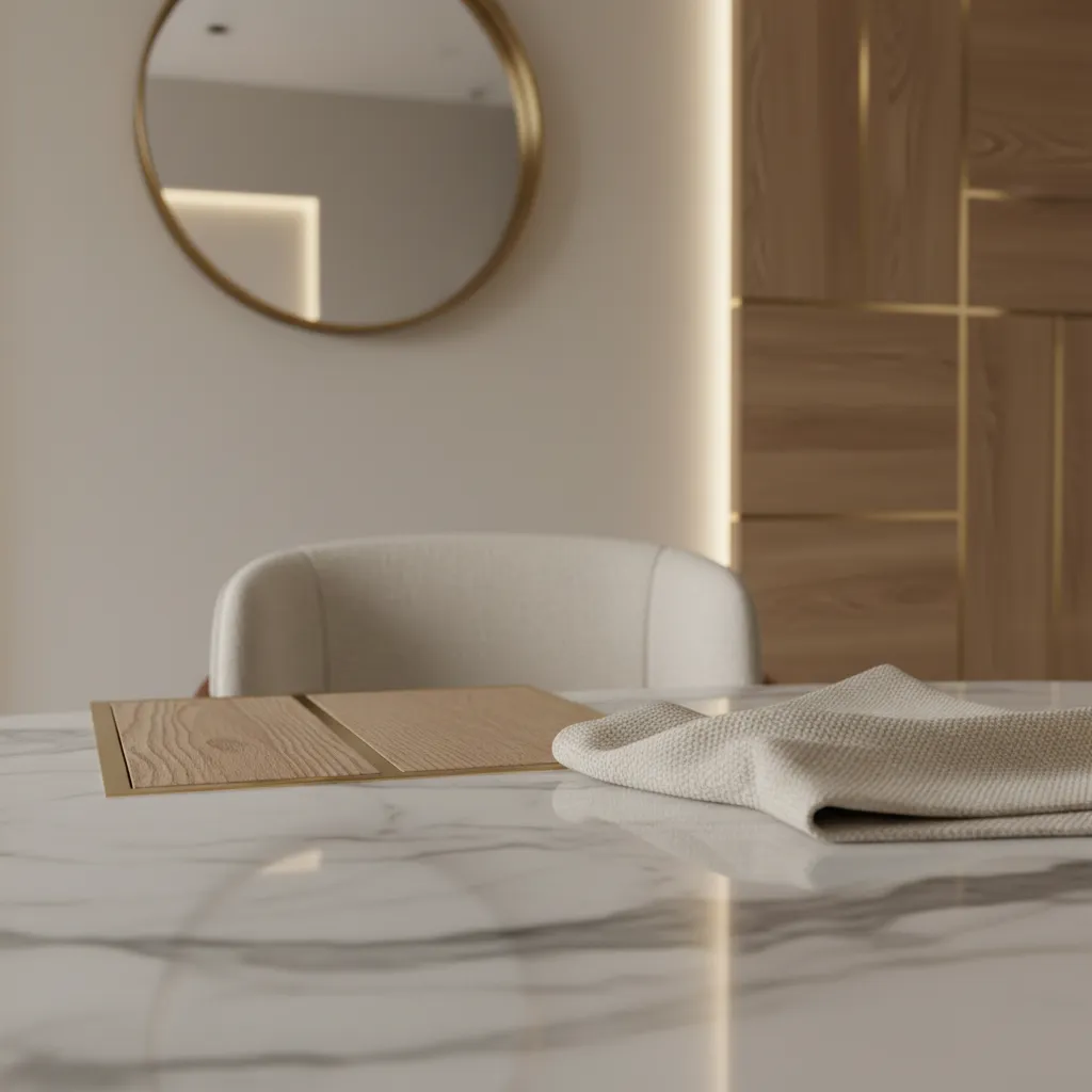 Detalle de materiales como mármol, madera y latón en interior elegante