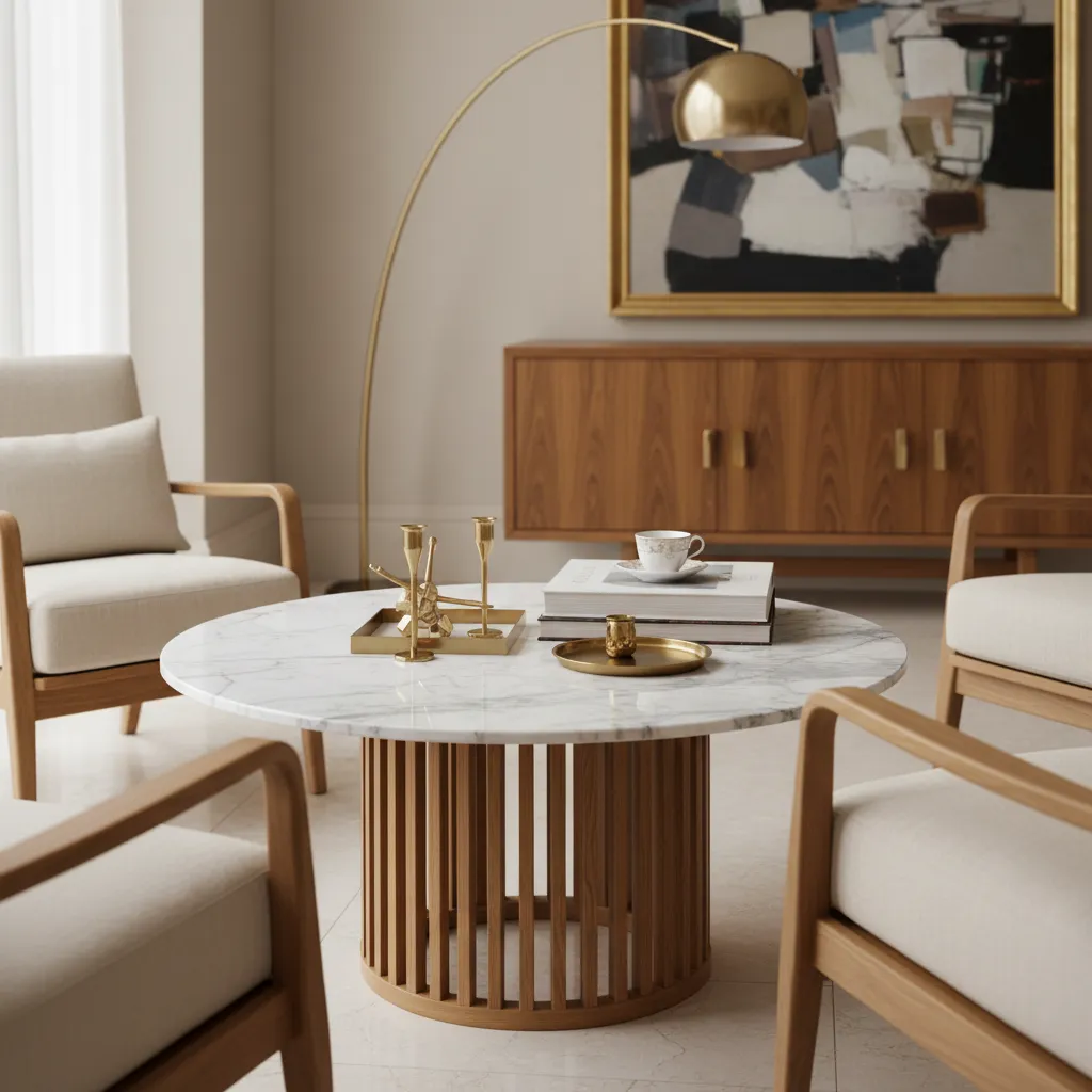 Detalle de mesa de mármol y madera en interior elegante