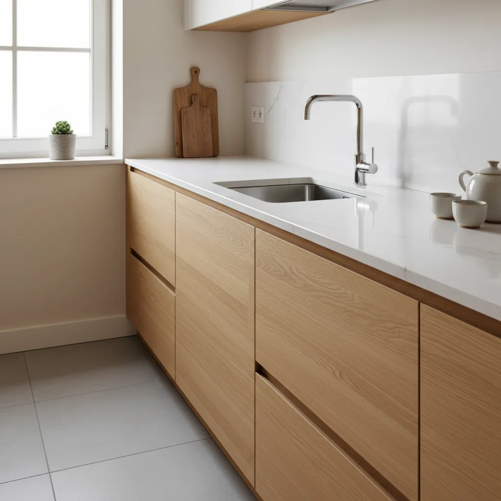 Encimera de cuarzo con muebles de madera clara en cocina moderna